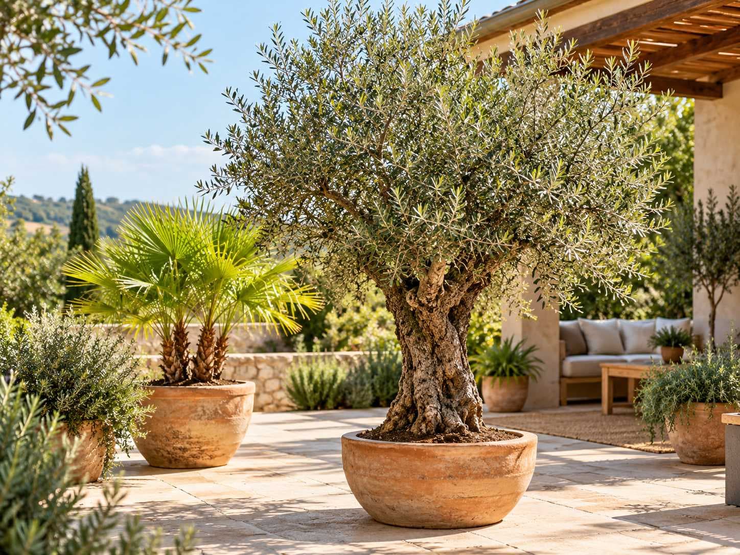 Various plants and Mediterranean trees, as well as garden decorations and more