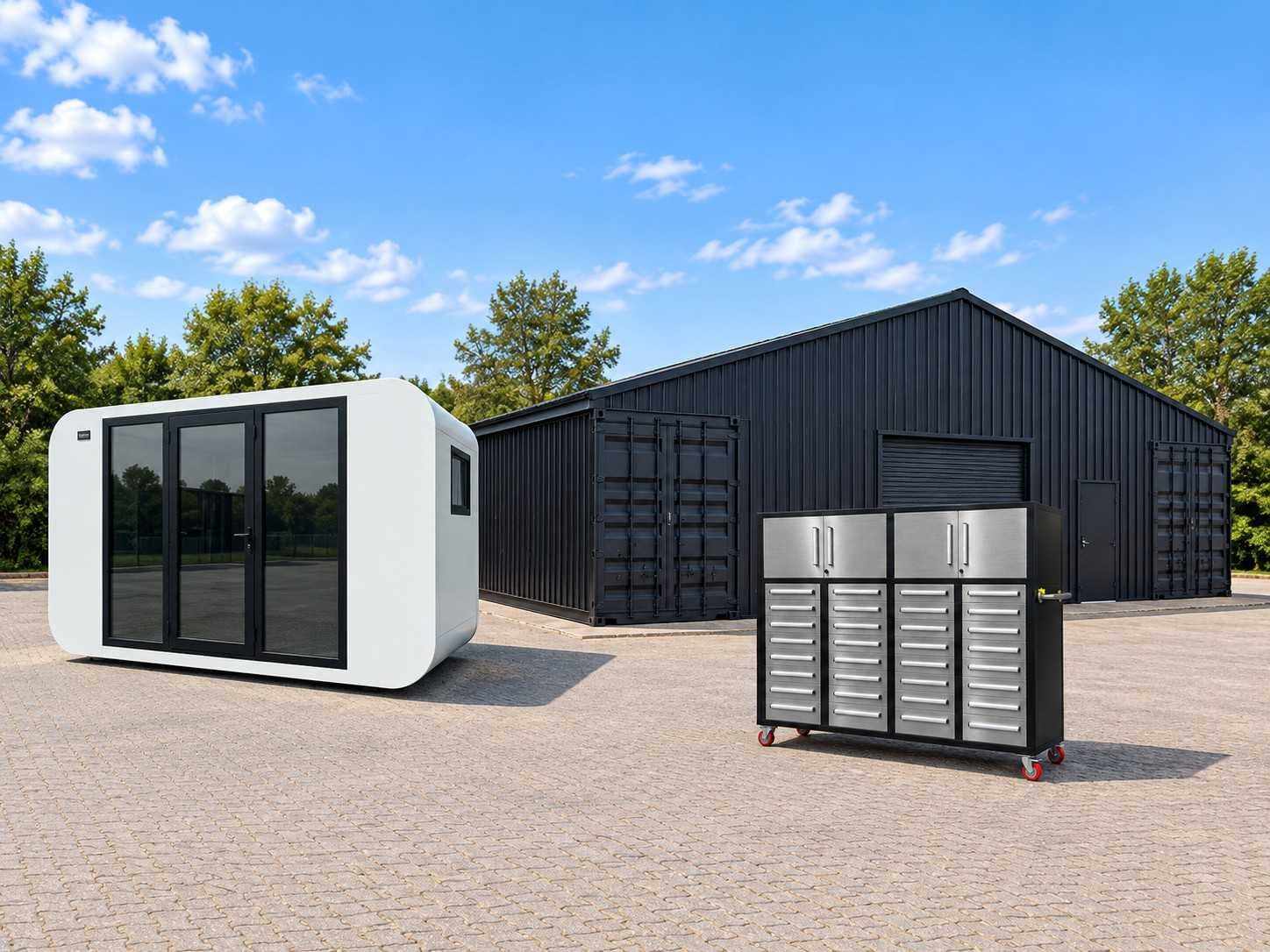 Tiny houses, containers, storage tents and workbenches