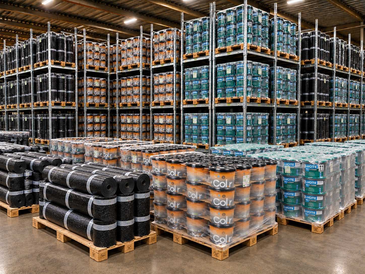 Pallets of roofing felt, paint and stain