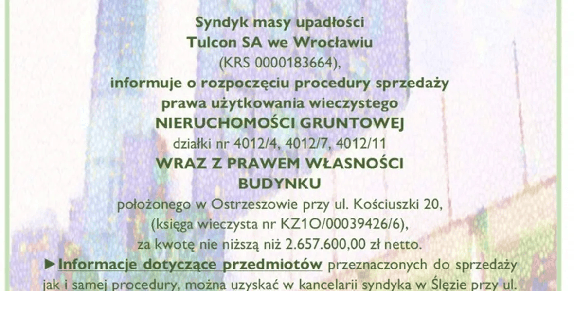 The syndicate will sell Ostrzeszów's commercial office premises, Tadeusz Kościuszki (Wielkopolskie)
