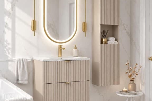 MØBELPAKKE NOVA CASHMERE 60 MED LED-SPEIL, GULLARMATUR OG HØYSKAP NOVA CASHMERE