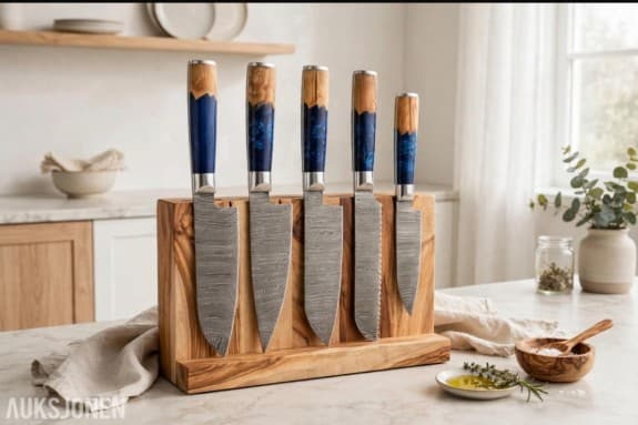 5-Delt HÅNDLAGET Damaskus Kjøkkensett - BLUE OCEAN - Oliventre & Blå Resin + Lær-rull  🔪 *BLUE OCEAN - 5-DELT LUKSUS DAMASKUS KJØKKENSETT - HELT NYTT* 🔪