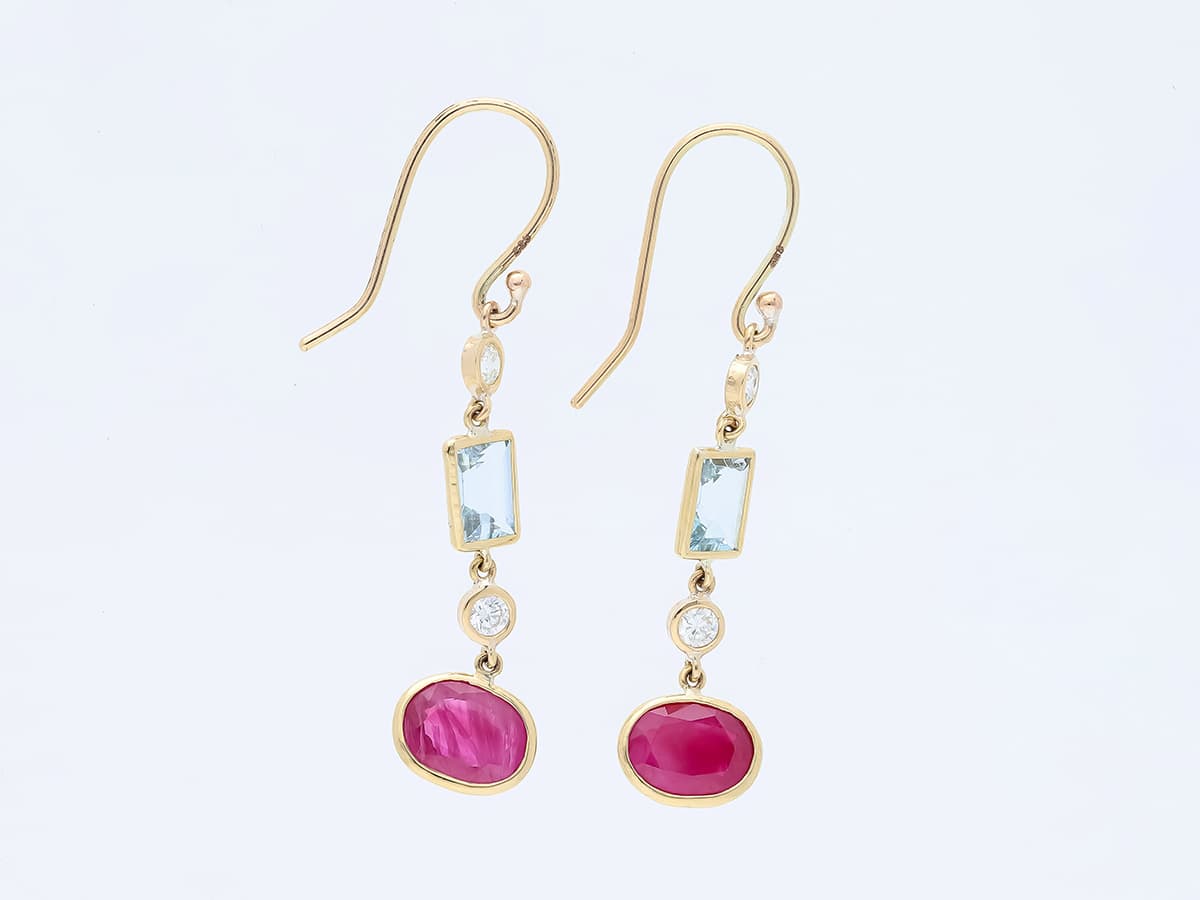 Ohrringe+3,55+ct.+Diamanten,+Rubin,+Aquamarin+585+Gelbgold+14+Karat+GIL+Zertifikat