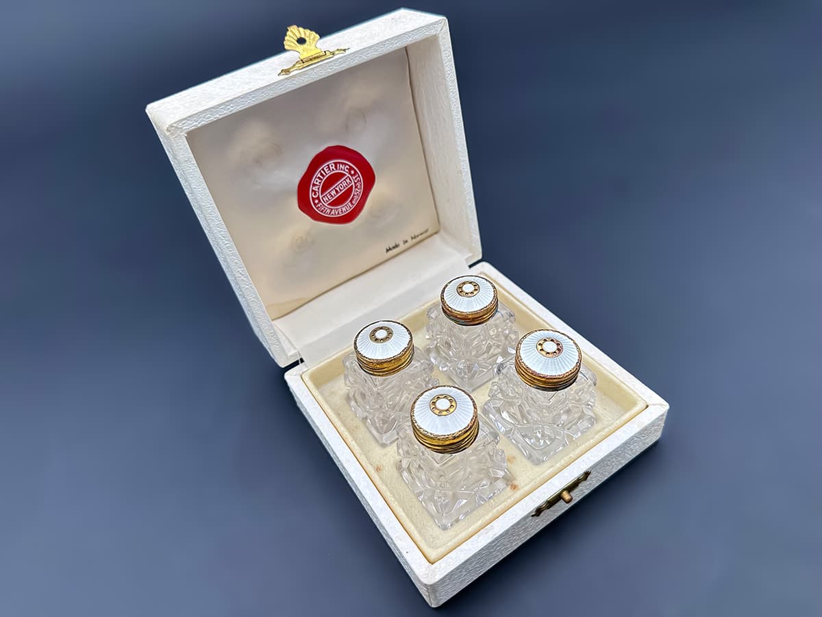 Cartier+Set:+4+Glaskristall+Salz-Pfefferdosen,+Sterling+Norway,+Original+Box