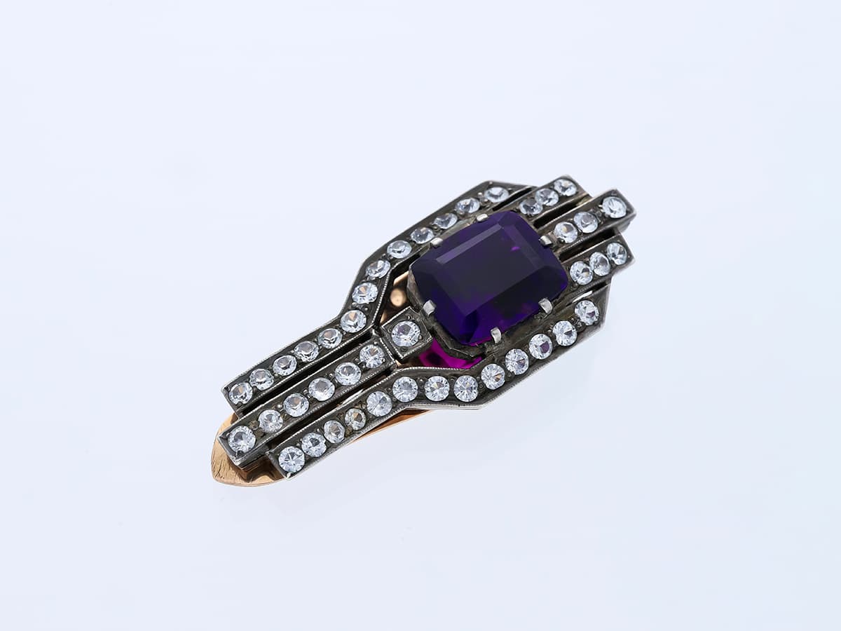 Brosche+6,00+ct.+Amethyst,+Saphir+375+Rose+Gold+9+kt.