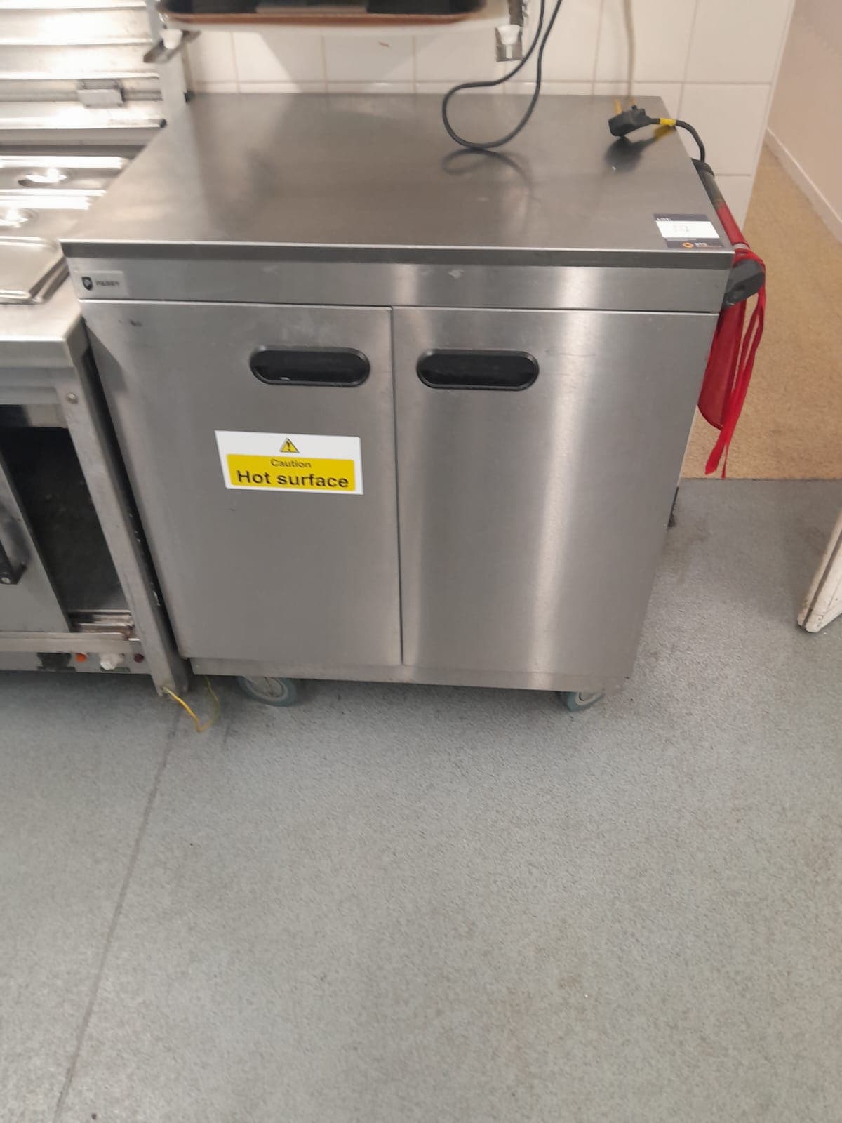 Parry 1888 mobile stainless steel hot cupboard approx 780(L) x 620(D) x 960(H), serial number 170040