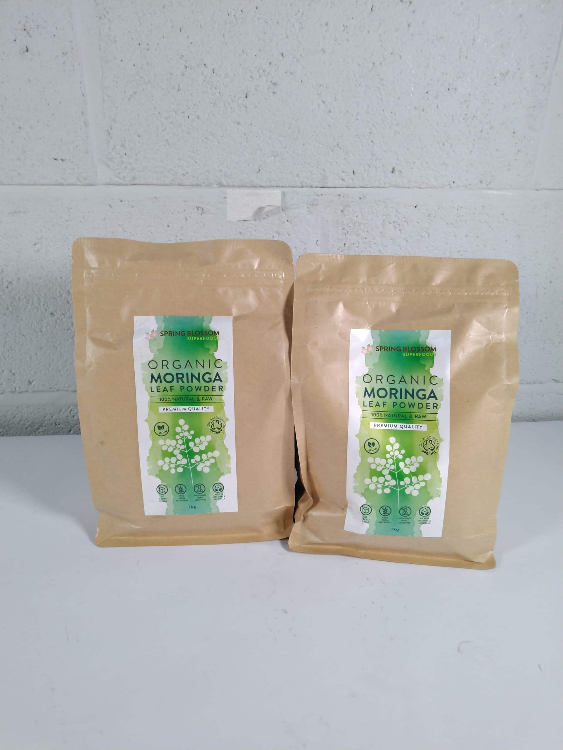 Four as new Spring Blossom Superfoods natural and raw organic moringa superleaf powder 1kg bags, sea