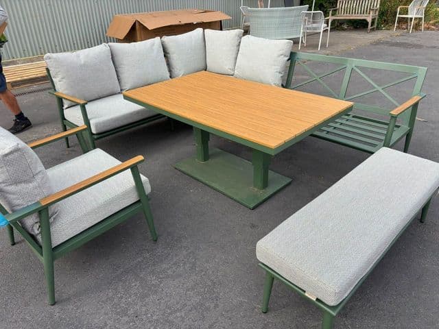 RHS Wisley L Shape Sofa with Rectangle Piston Table, Bench & Chair - Sage