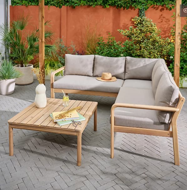 GoodHome Riveo Natural Wooden 5 Seater Modular corner Garden furniture set RRP £600 (PLEASE NOTE