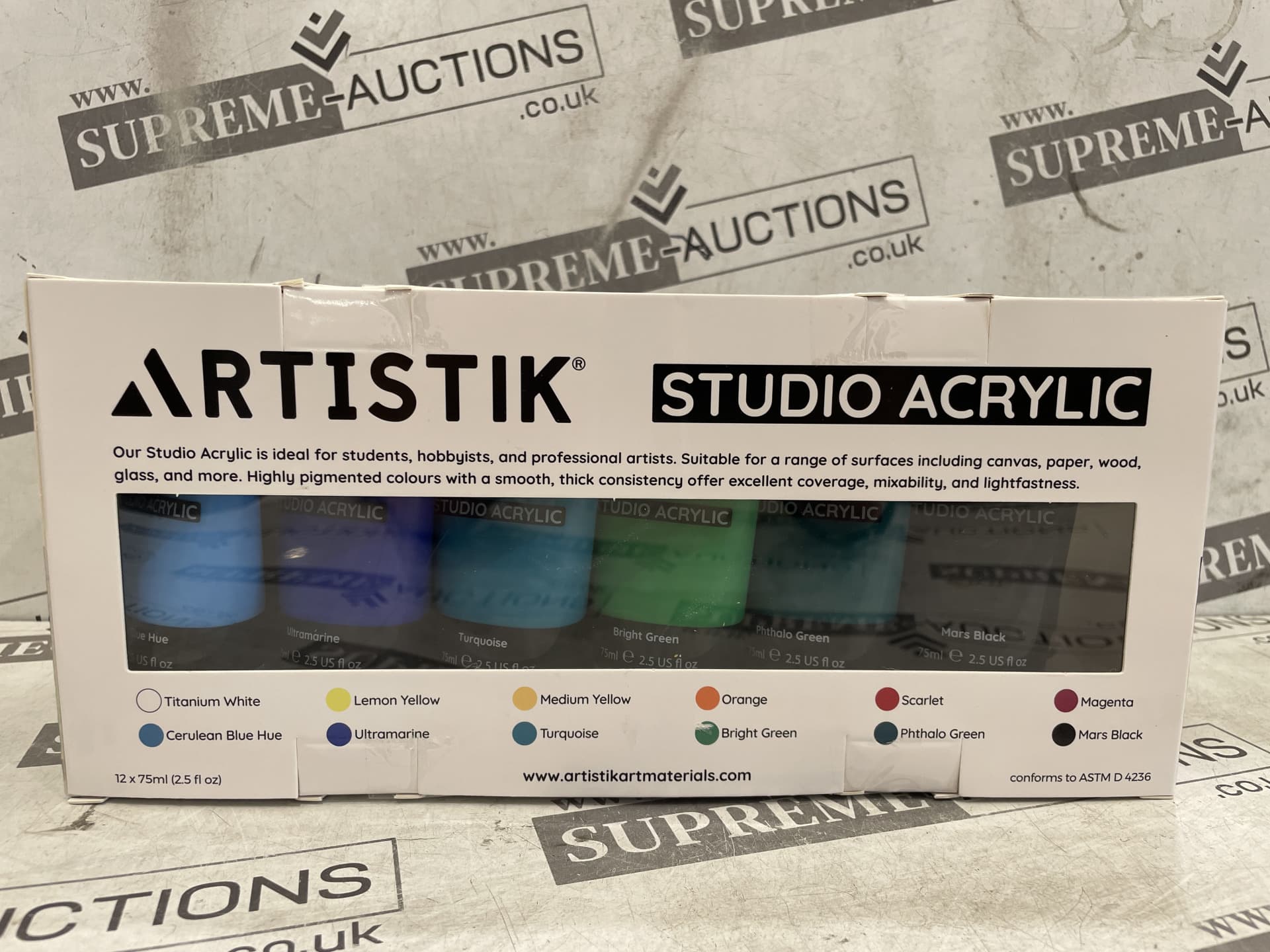 8 X BRAND NEW Studio Acrylic Paints - 12 x 75ml Acrylic Paint Tube Set with 3 Brushes - Premium