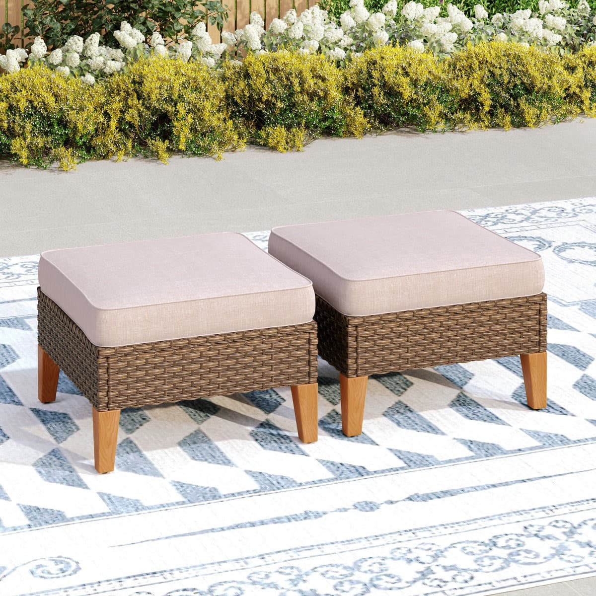 Boxed Upholstered Outdoor Ottoman with Sunbrella® Cushion (Set of 2) Beige (LOC: SR6(5.6)-UB6190 -