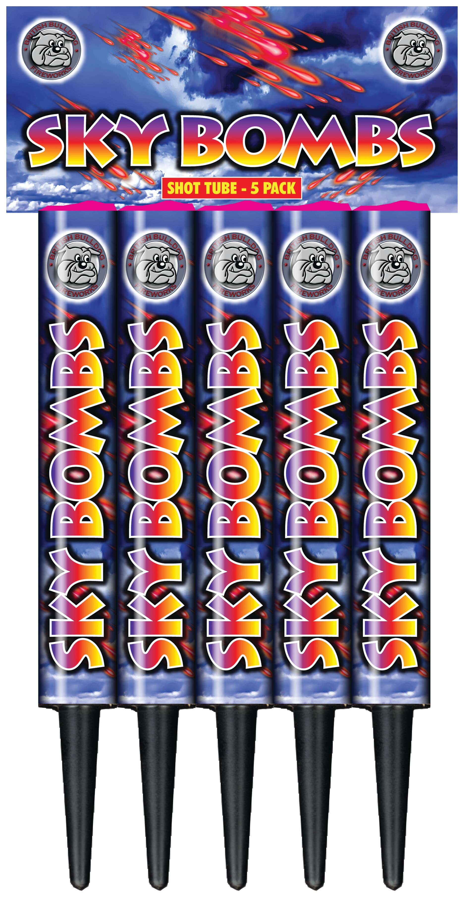 12x BRAND NEW PACKS OF 5 BULLDOG Single Shot Skybombs. RRP £15.99 PER PACK. A pack of 5, single