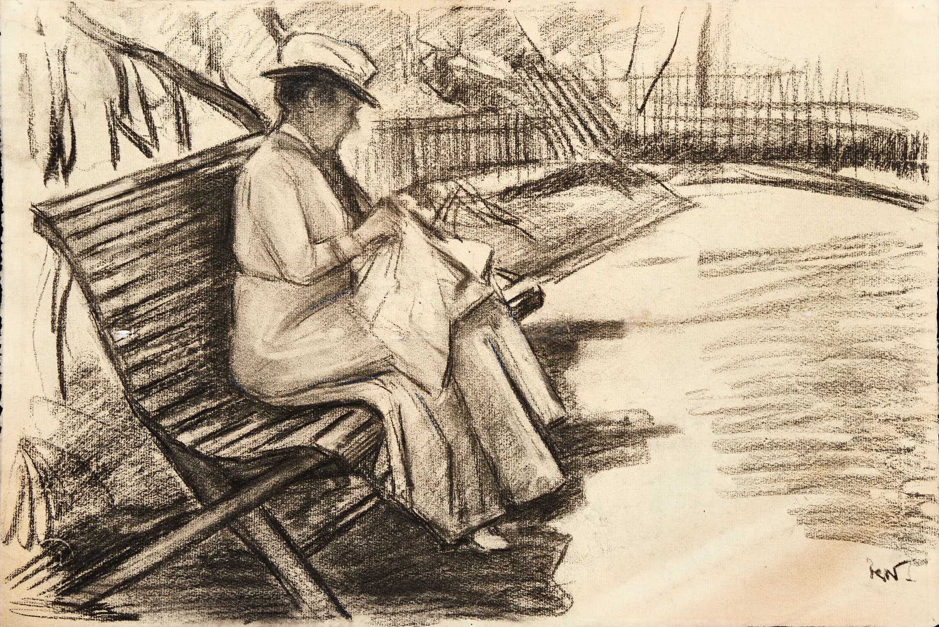 KARL NORDSTRÖM (Tjörn 1855-1923 Drottningholm). "I trädgården, Kyrkösund", signed, charcoal on paper.