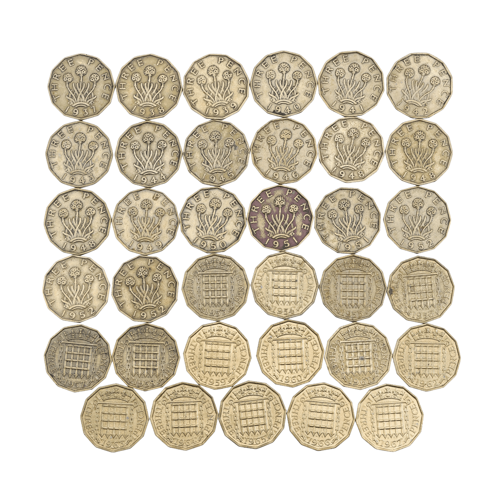 A COMPLETE DATE RUN OF CIRCULATED BRASS THREEPENCE COINS, AND 6 LOWER MINTAGE DUPLICATES. (35).