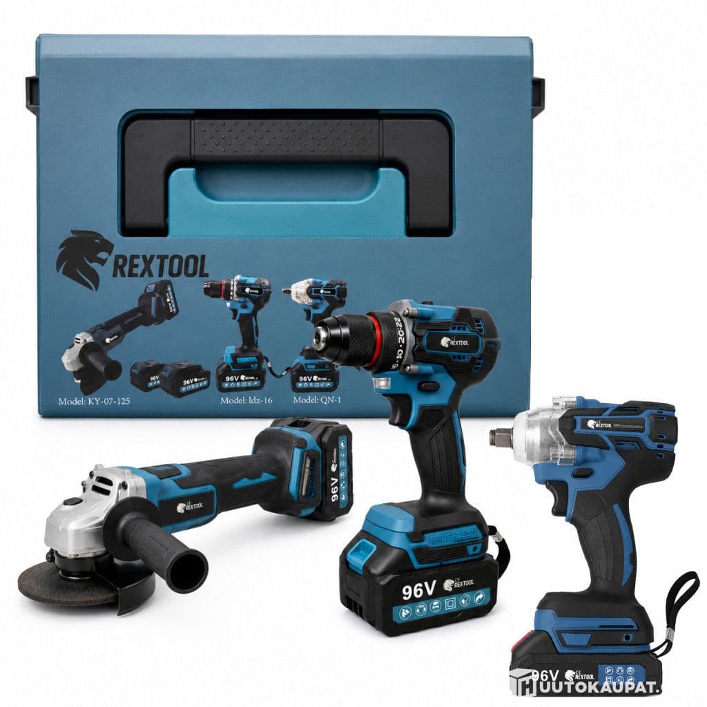3s. Lithium tool set - 2 pieces 96V battery: 125mm corner grinder, nut gun and impact drill, quick charger, carrier case(D), Isokyro
