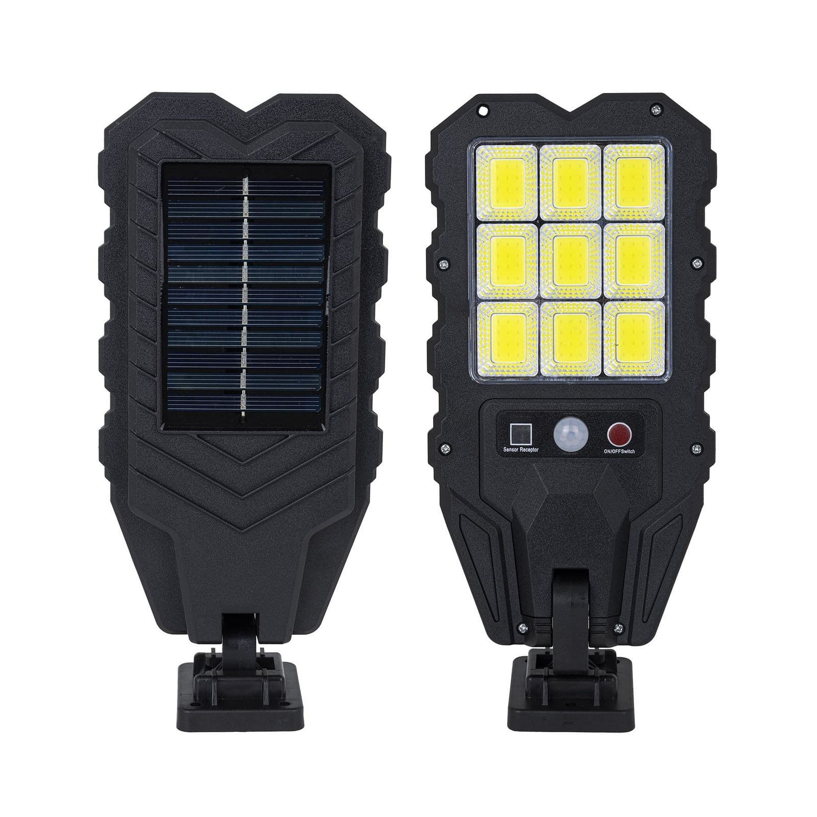 2 pcs Clear 108 COB-LED solar energy streetlights with motion sensors, twilight functions and remote controls, built-in batteries, Isokyrö