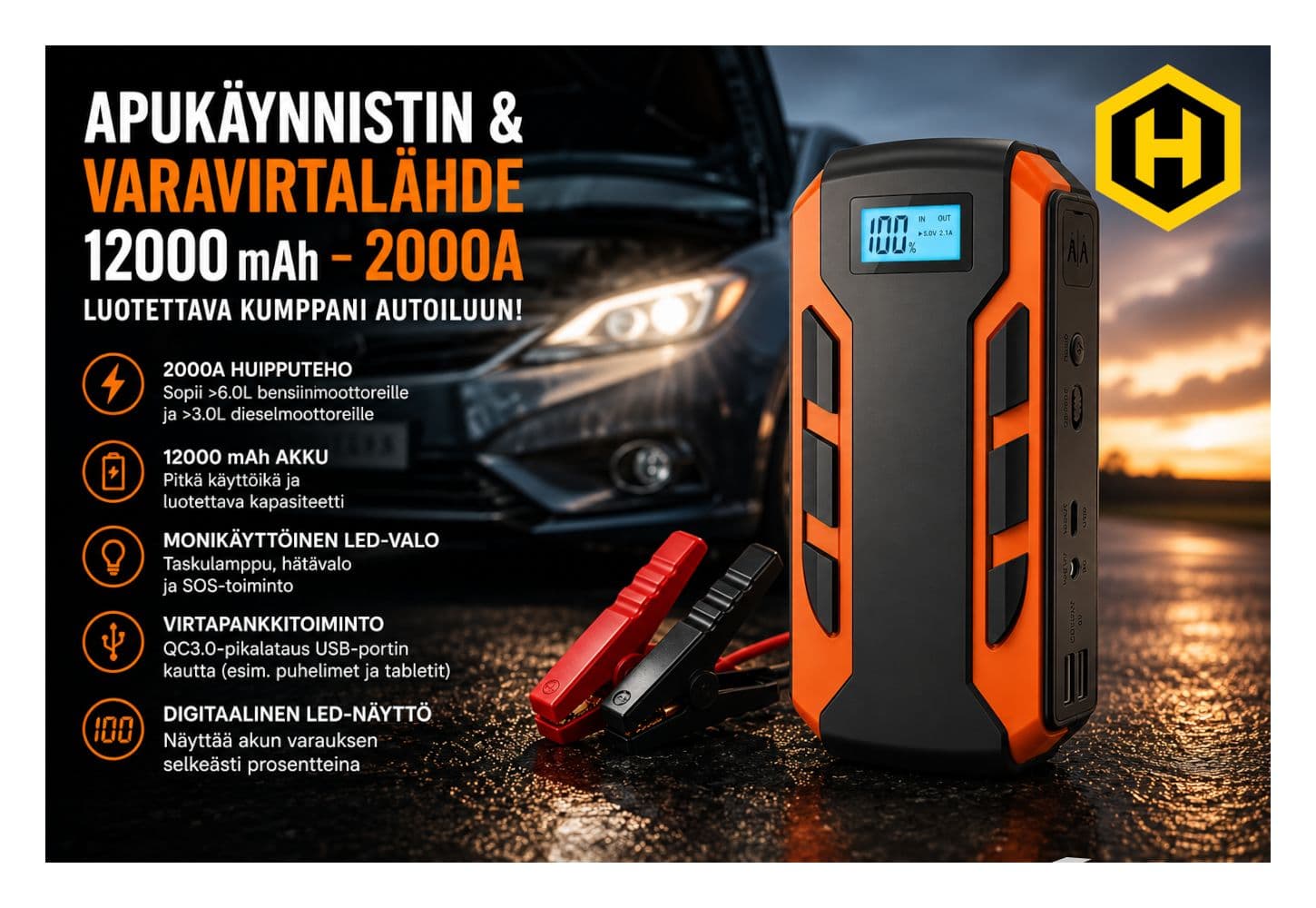 Powerful Jump Starter / Power Bank with Lamp, Hämeenlinna