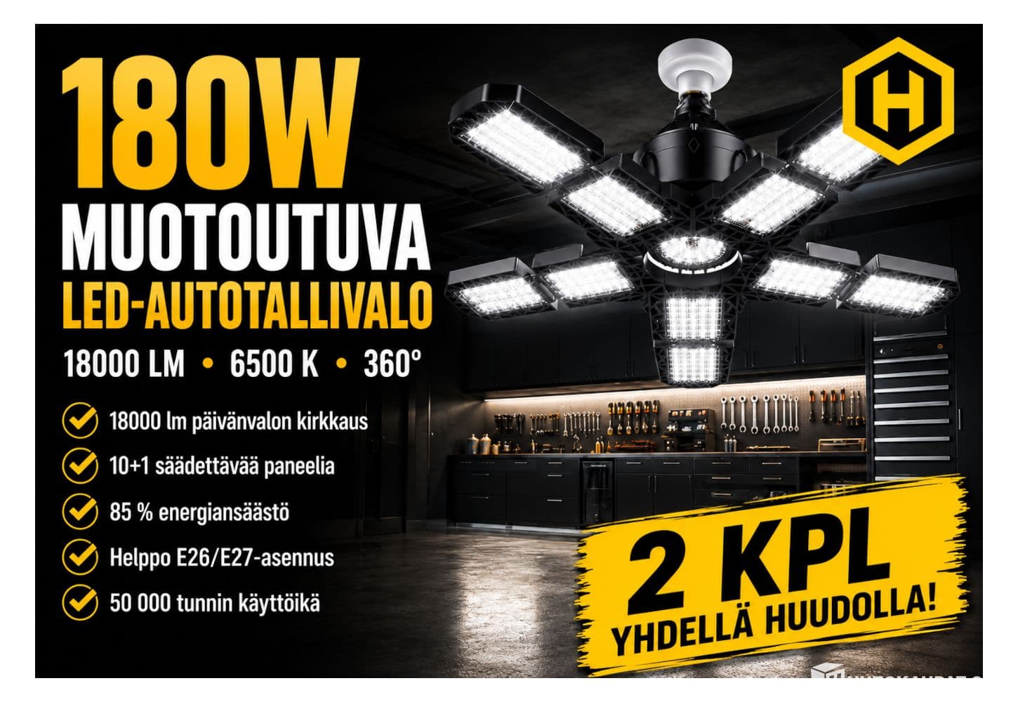 Lot: 2x Movable LED Garage Light 180W – 10+1 Panels, 18000LM, 360° Lighting, Hämeenlinna