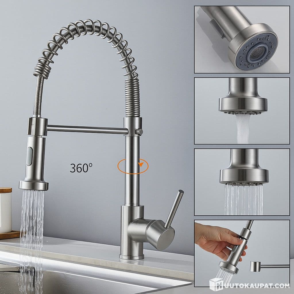 Telescopic kitchen tap - 360° with rotating shower, silver (NN), Isokyro