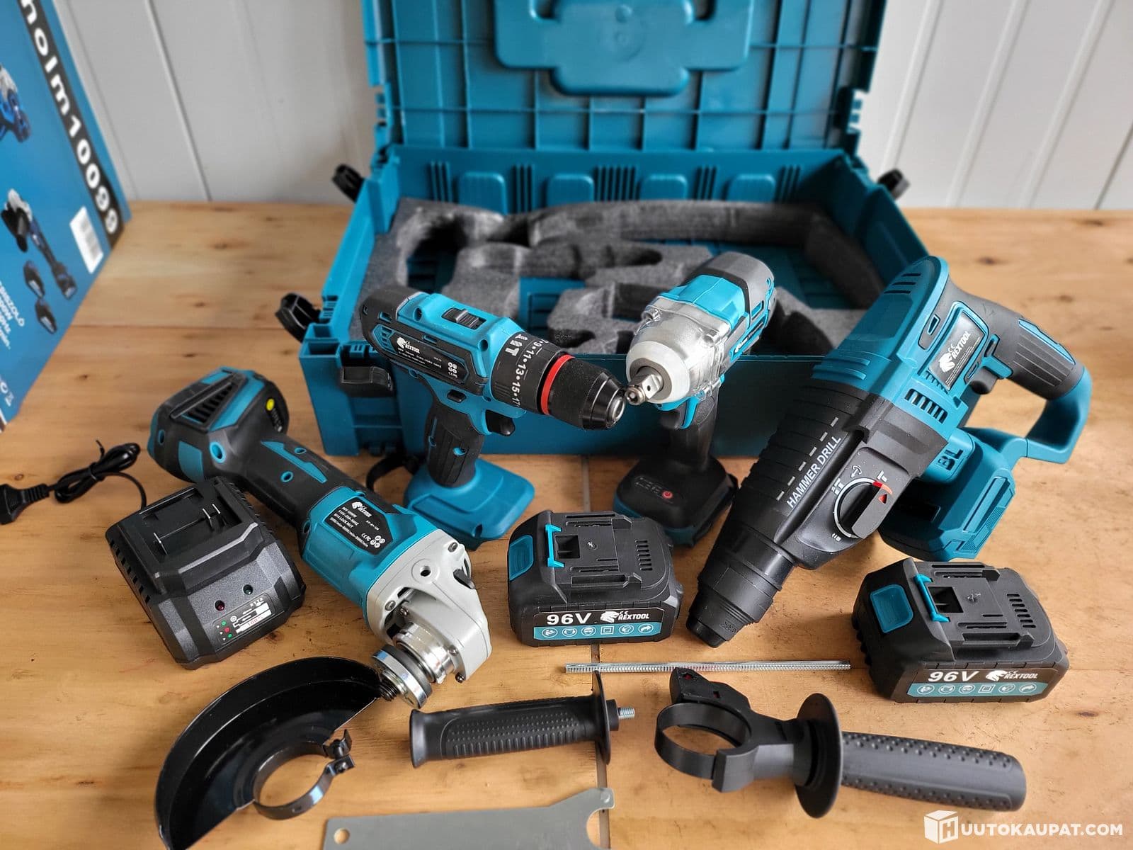 4os. Lithium tool set: Angle grinder, Mutter gun, Shock driller, Pickling driller + 2 pcs 96V lithium battery + quick charger+ carrier case(FF), Isokyro