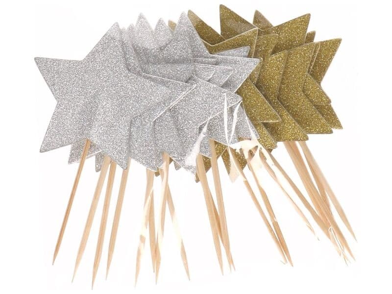 Approx. 48x Cocktail picker stars gold and silver 9.5 cm high