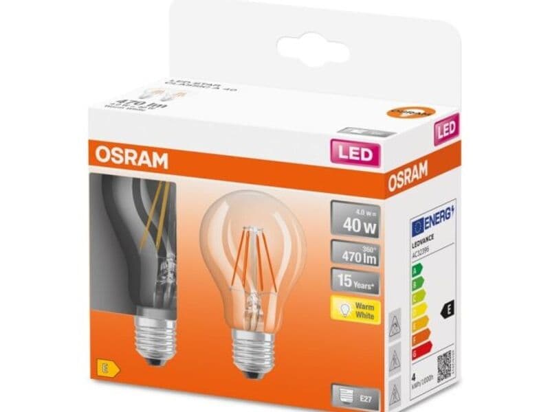 5x LED lamp E27 filament 4W - 2 pieces OSRAM, classic a 40, bright