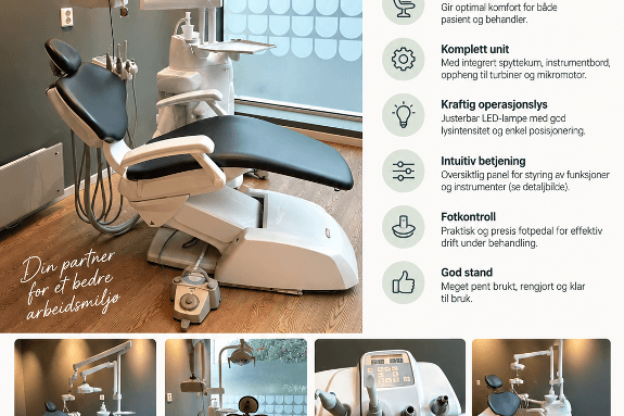 Tannlegeunit med behandlingsstol, operasjonslampe og instrumentmodul