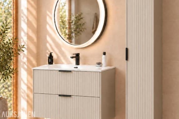 MØBELPAKKE ADEL CASHMERE 80 MED LED-SPEIL, GUN METAL-ARMATUR OG HØYSKAP ADEL CASHMERE