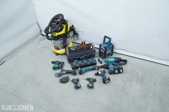 Stort Parti Makita 18V/36V elektroverktøy, radio, lader og Kärcher støvsuger