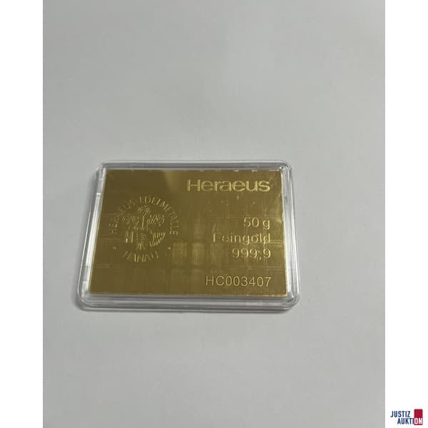 1 Heraeus Goldbarren 50 g aus 999,9 Feingold