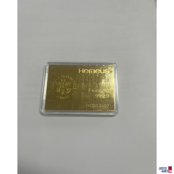 1 Heraeus Goldbarren 50 g aus 999,9 Feingold