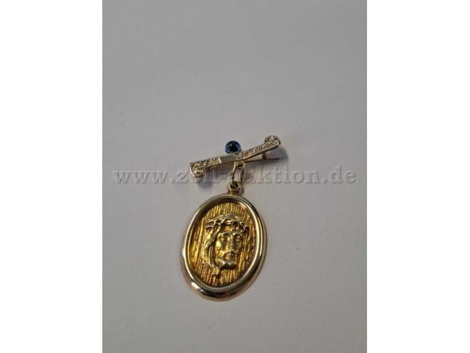 Gold brooch with oval Jesus pendant – 585 gold