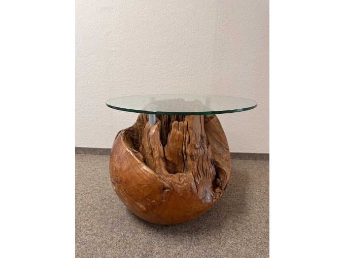 Teak root - ball table with glass top (used)