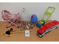 Mixed toys: doll's pram with doll, truck, Dino lawnmower